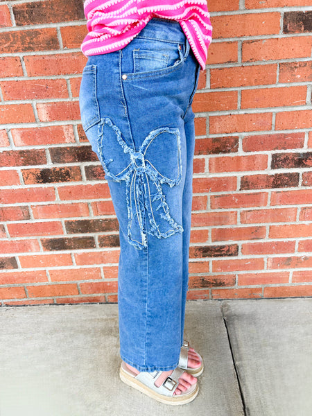 Wide Leg Bow Patchwork Jeans | Dark Wash