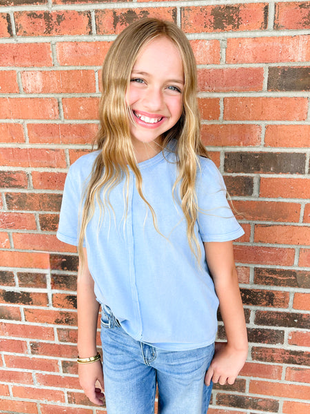 Raw Edge Washed Knit Top | Blue