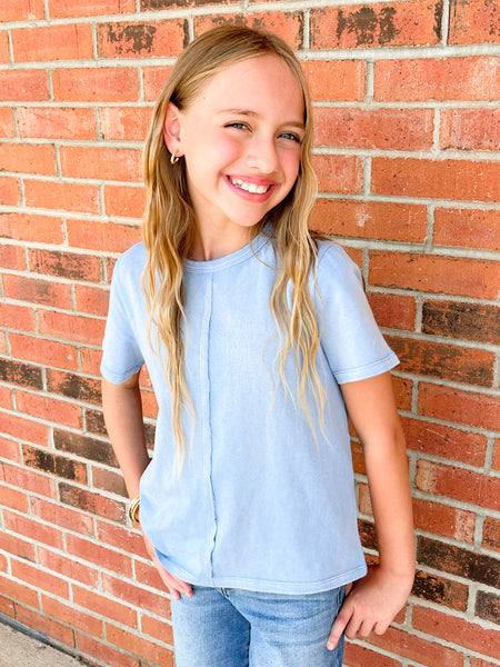 Raw Edge Washed Knit Top | Blue