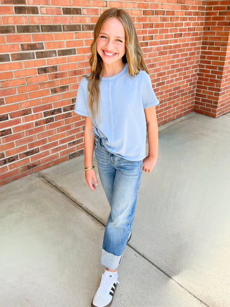 Raw Edge Washed Knit Top | Blue