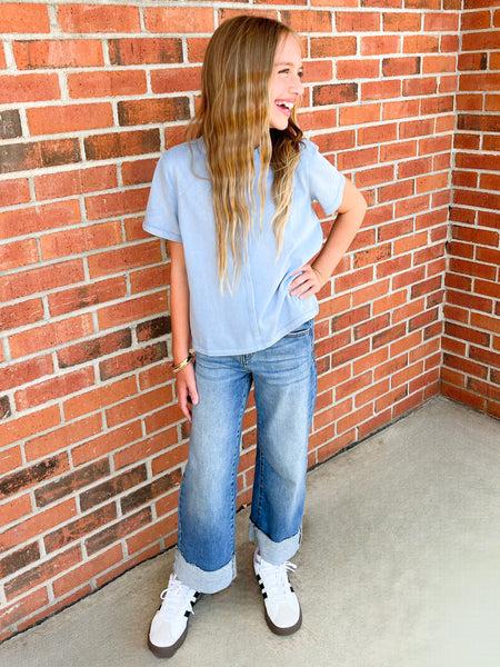 Raw Edge Washed Knit Top | Blue
