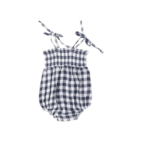 Tie Strap Smocked Bubble | Gingham Navy