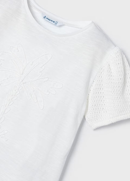 Palm Tree Embroidered Tee with Knit Sleeve Details | Cream