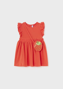 Flutter Sleeve Dress w/ Pineapple Embroidered Handbag | Tangerine