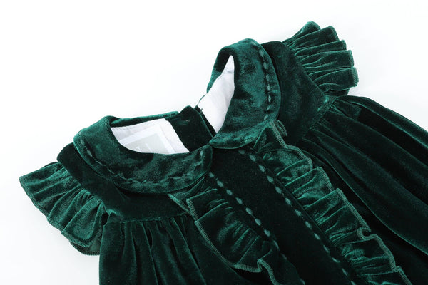 Velour Flutter Sleeve Ruffle Dress | Green