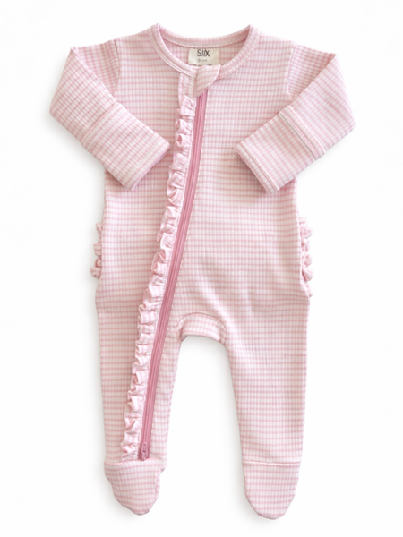 Ribbed Frill 2-Way Zip Footie | Pink Stripe