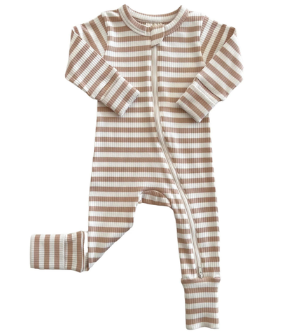 Organic Ribbed 2-Way Zip Romper | Tan Stripe