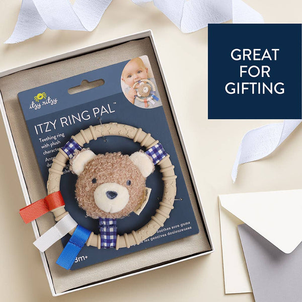 Itzy Ring Pal™ - Teething Ring with Plush Character | Taupe Bear
