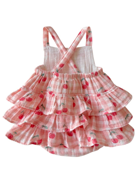 Muslin Ruffle Sunsuit | Gingham Cherries