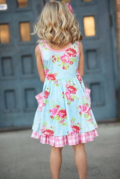 Pink & Blue Floral Gingham Check Pocket Ruffle Dress