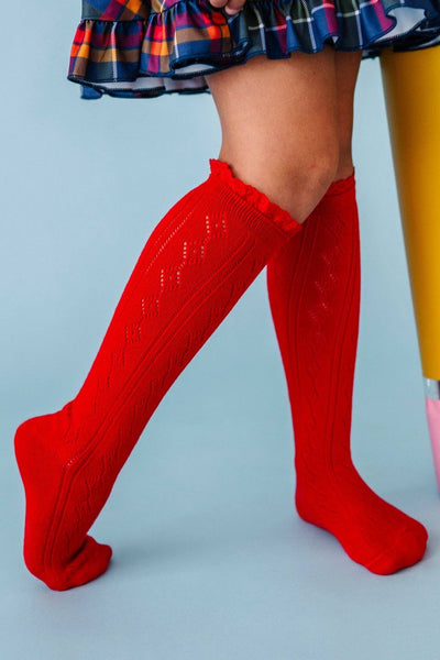 Fancy Lace Top Knee High Socks | Bright Red