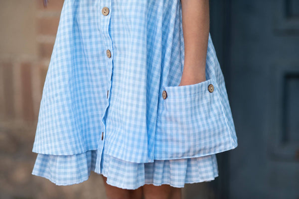 Blue & White Gingham Check Pocket Ruffle Dress