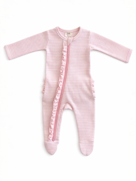 Ribbed Frill 2-Way Zip Footie | Pink Stripe