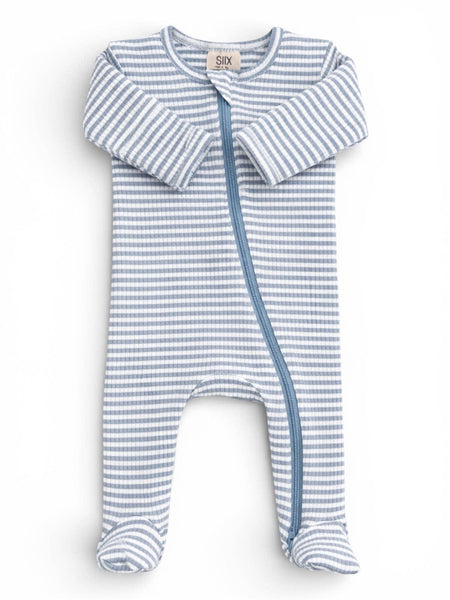 Ribbed 2-Way Zip Footie | Dusty Blue Stripe