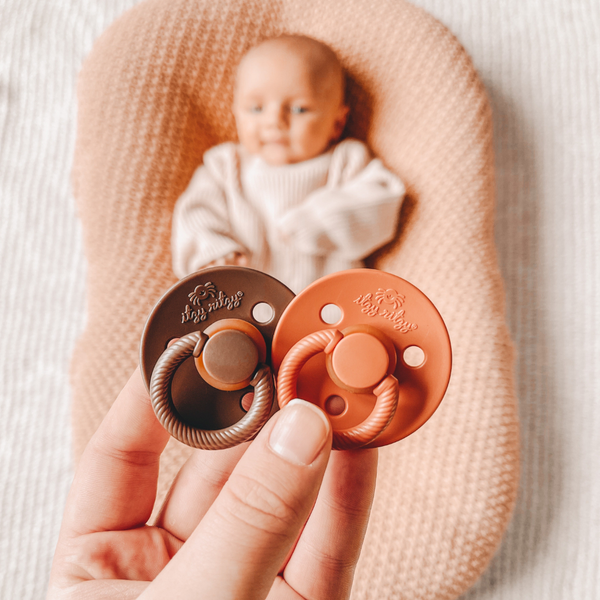 *NEW SIZE* Itzy Soother™ Natural Rubber Paci Sets: Coconut + Toast 6-18 M