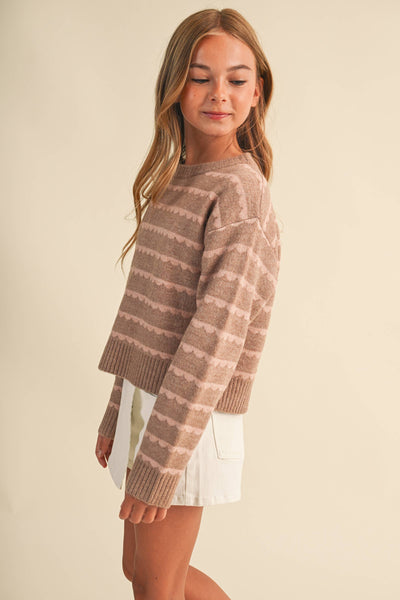 Brown & Blush Scalloped Striped Sweater