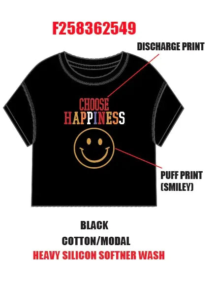 Choose Happiness Puff Print Raw Edge Tween Graphic Tee