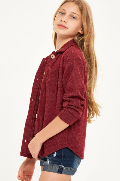 Solid Waffle Knit Buttoned Shirt Jacket | Burgundy