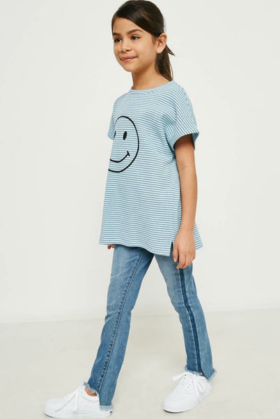 Happy Face Textured Waffle Stripe Top- Blue/White