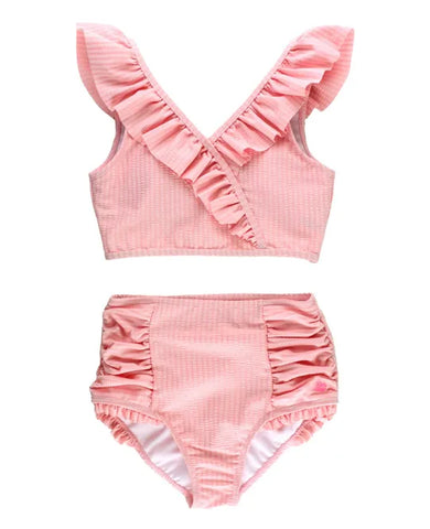 Seersucker Tween Ruffle V-Neck Bikini | Pink