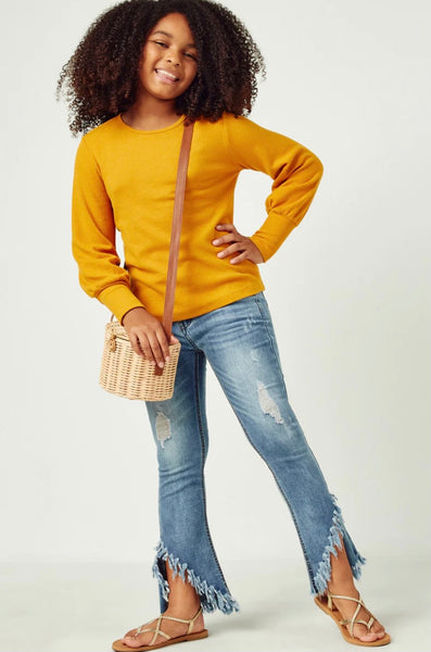 Mustard Exaggerated Cuff Knit Top