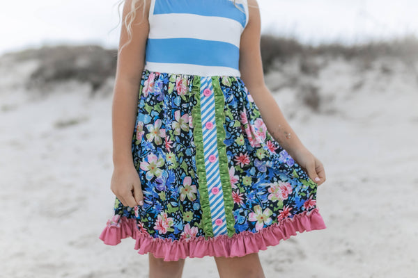 Pink & Blue Wide Stripe Floral Ruffle Dress