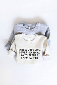 SHE'S A GOOD GIRL Toddler Unisex Graphic Sweatshirt | HEATHER DUST