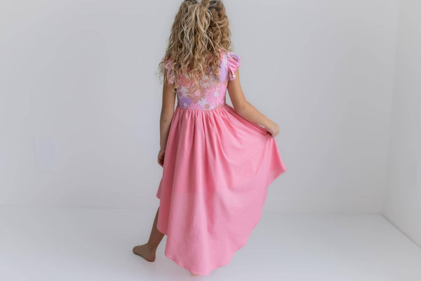 Pink Purple Retro Daisy Hi-Lo Flutter Sleeve Dress
