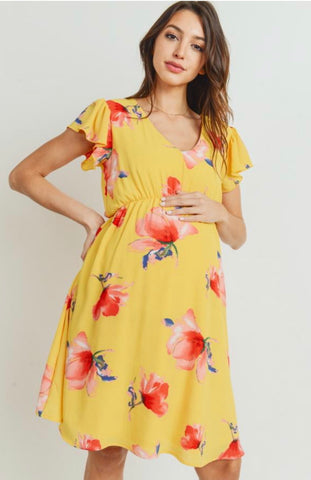 Yellow Floral Chiffon Maternity Dress