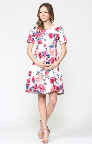 Ivory Floral Front Pleated Maternity Swing Dress
