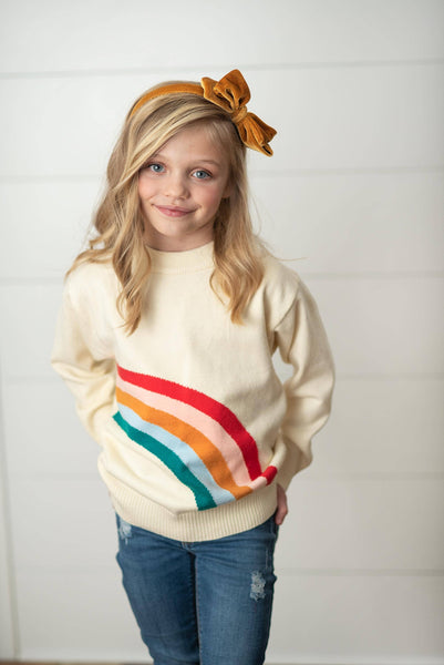 Kids Cream Ivory Rainbow Crew Neck Fall Winter Sweater