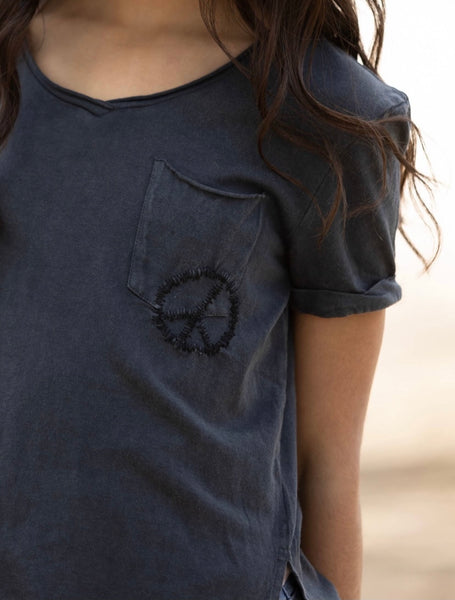 Peace Sign Embroidered Slouchy Pocket Tee