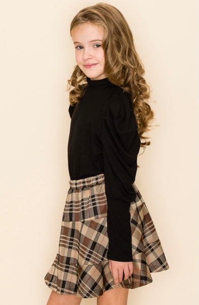 Mocha Layered Hem Plaid Skirt