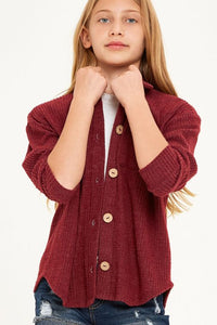 Solid Waffle Knit Buttoned Shirt Jacket | Burgundy