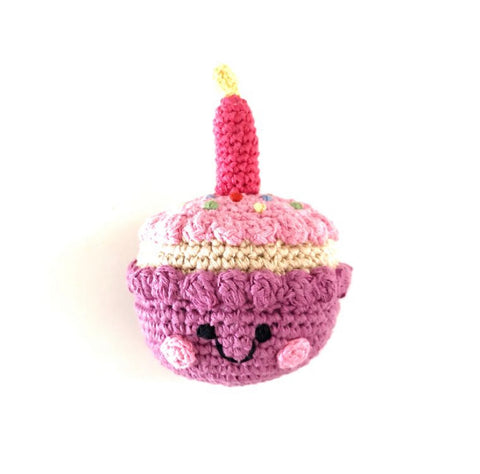 Friendly Cupcake with Candle Crochet Rattle- Mulberry