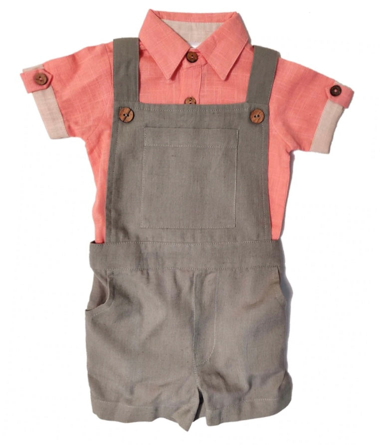 Romper-Shirt & Overall Set-Sage & Coral