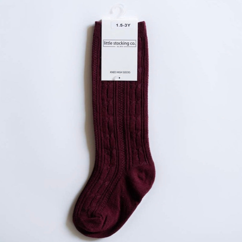 Wine Cable Knit Knee Highs