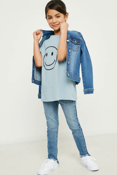 Happy Face Textured Waffle Stripe Top- Blue/White