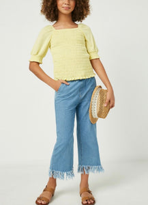 Smocked Square Neck Knit Top- Yellow