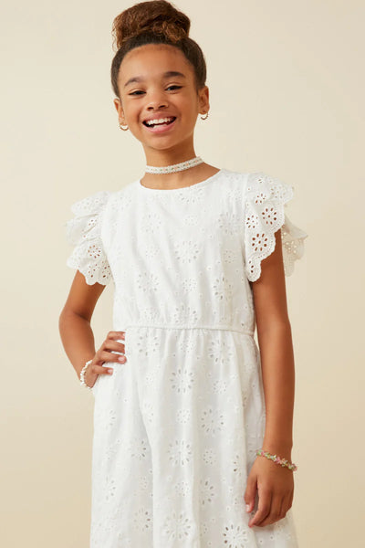 Scallop Hem Floral Crochet Eyelet Dress | Off White