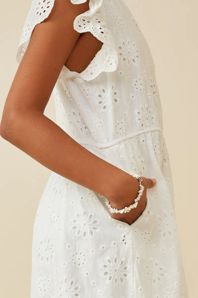 Scallop Hem Floral Crochet Eyelet Dress | Off White