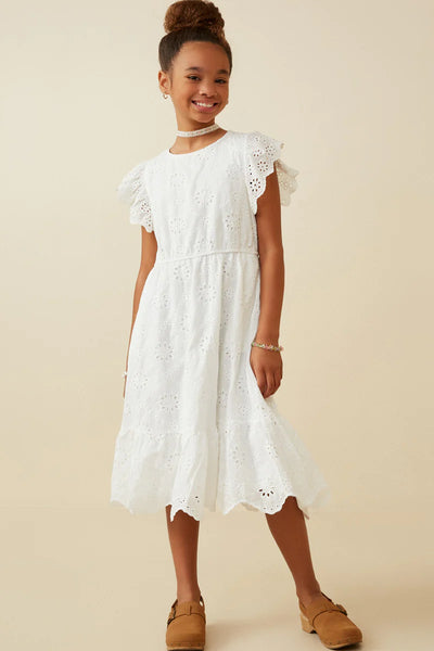 Scallop Hem Floral Crochet Eyelet Dress | Off White